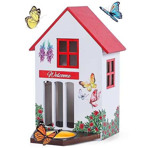 No Assembly Required! Unique Butterfly House and Feeder for Outside with hook, Durable Wooden Butterfly Habitat and Puddler for Nesting butterflies, Hanging Garden Decoration, Best Gift, Easy Cleaning