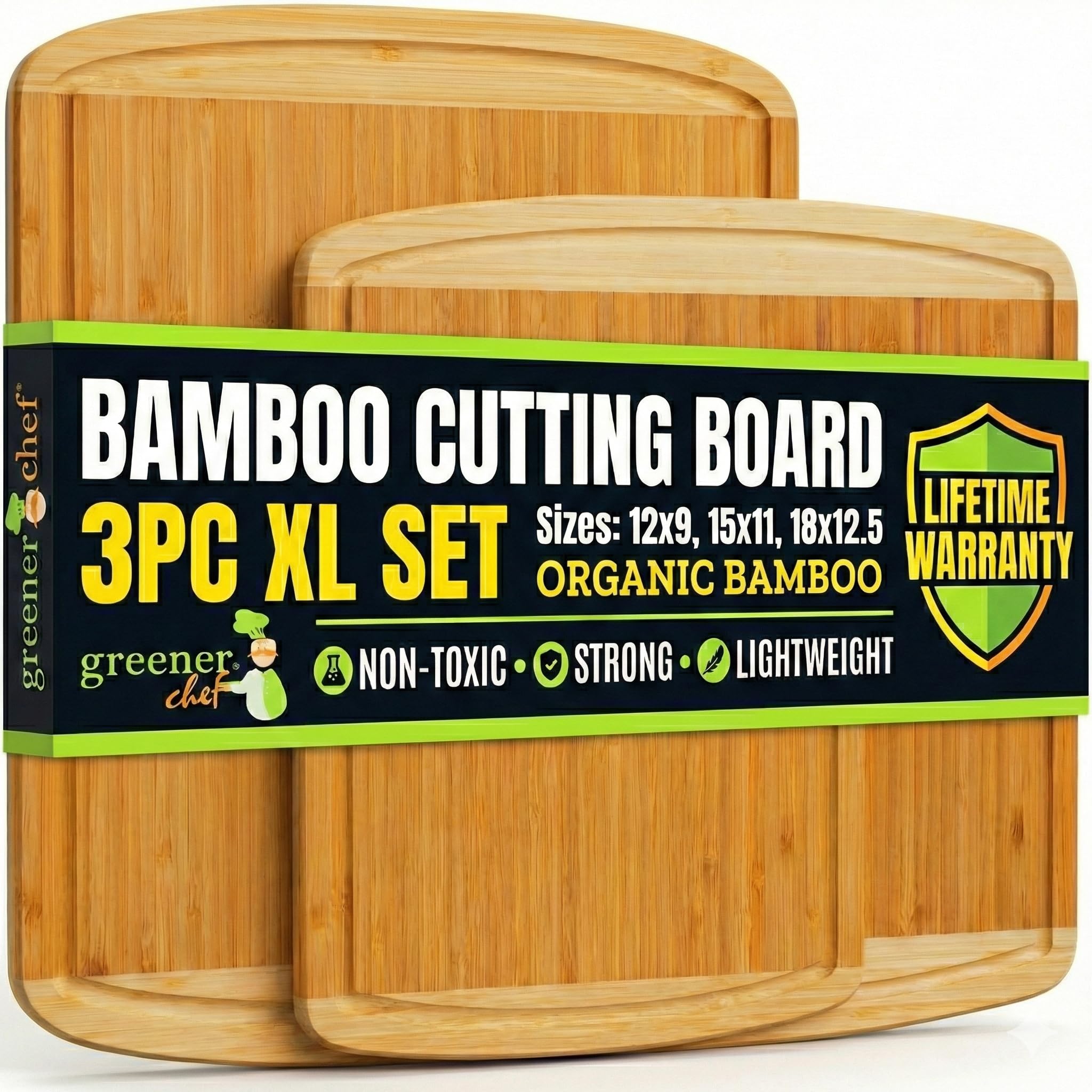 Organic Bamboo Cutting Board Set of 3 with Lifetime Replacements – Premium Extra Large Wood Cutting Boards for Kitchen with Juice Grooves for Carving & Serving, Non Toxic & Durable by Greener Chef