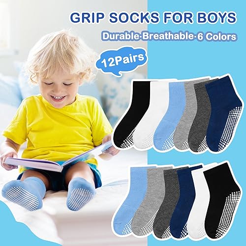 Miniatura 6 de Tphon Calcetines para Niños Pequeños, Calcetines Antideslizantes para Bebés para Niños y Niñas, 12 Pares de Calcetines para Niños Infantes de 6M-10