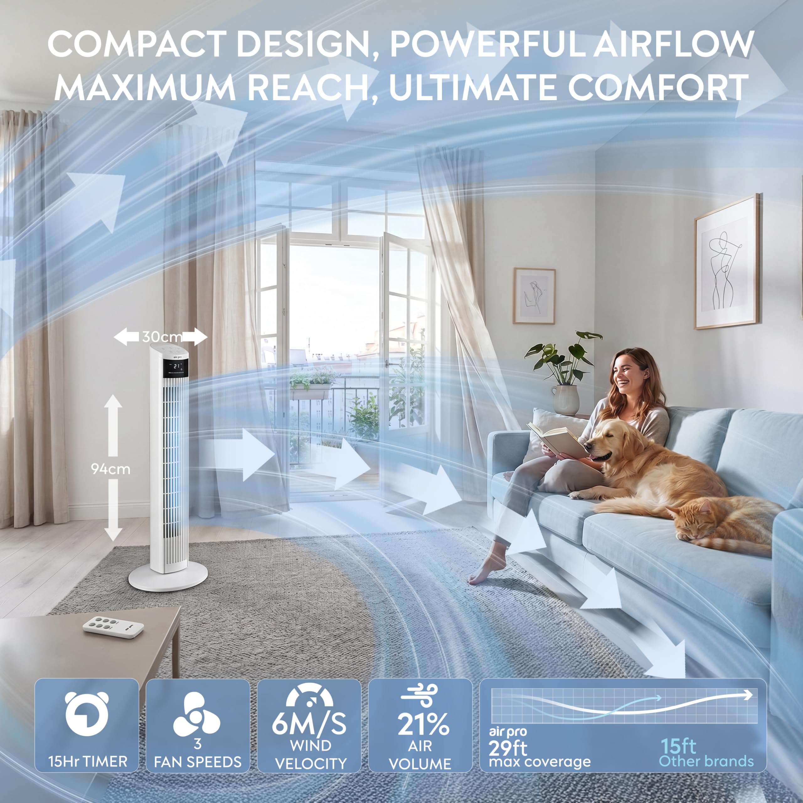 Air Pro 36" Tower Fan Oscillating Bladeless Fan with Remote Control - Tall Compact 3 Speeds Quiet 55W Motor Cooling Fan - Floor Standing Fan for Home Office - LED Display 15 Hour Timer