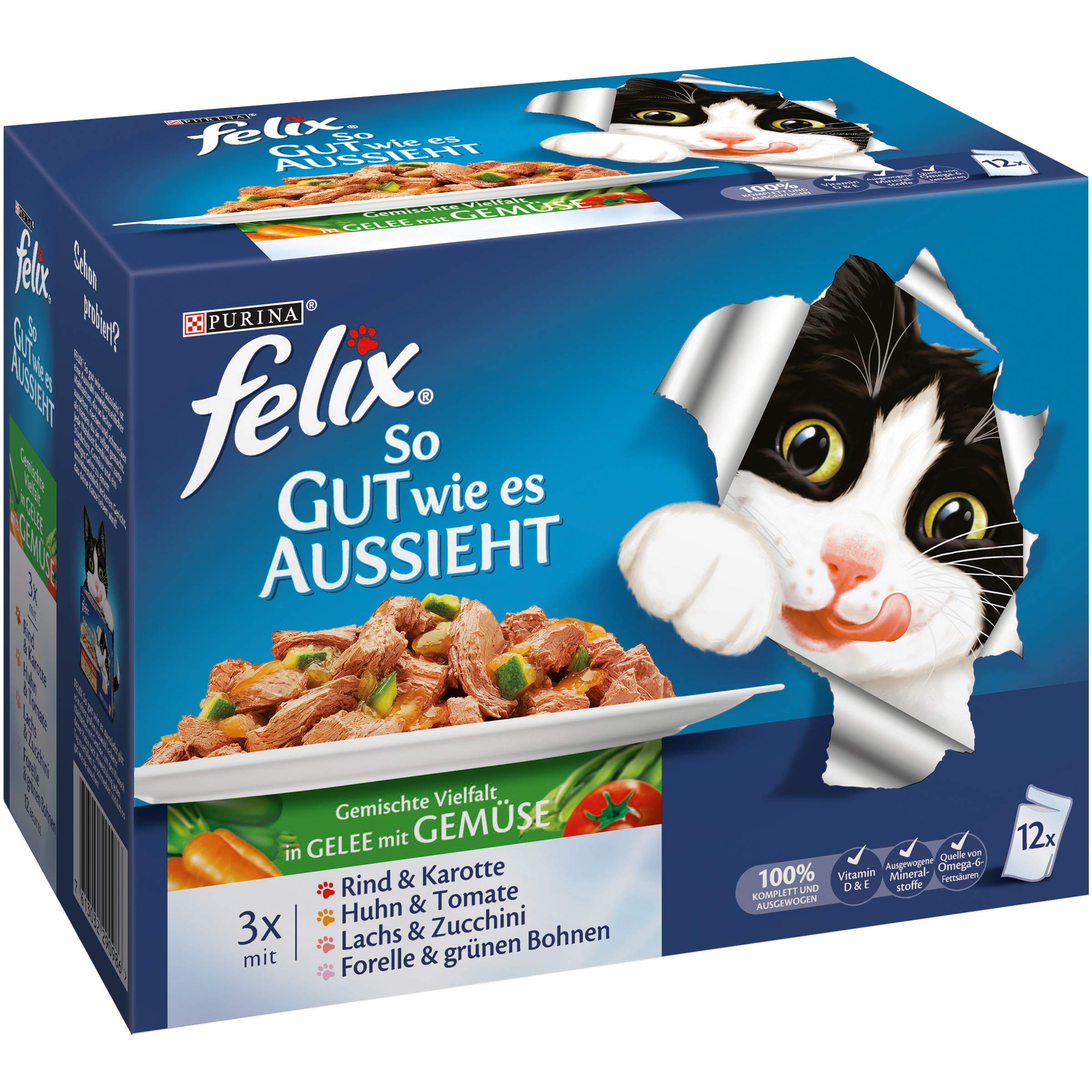Felix So gut wie es aussieht Fleisch und Fisch Mix mit Gemüse 12 x 100 g Katzenfutter von Purina, 6er Pack (6 x 1.2 kg)