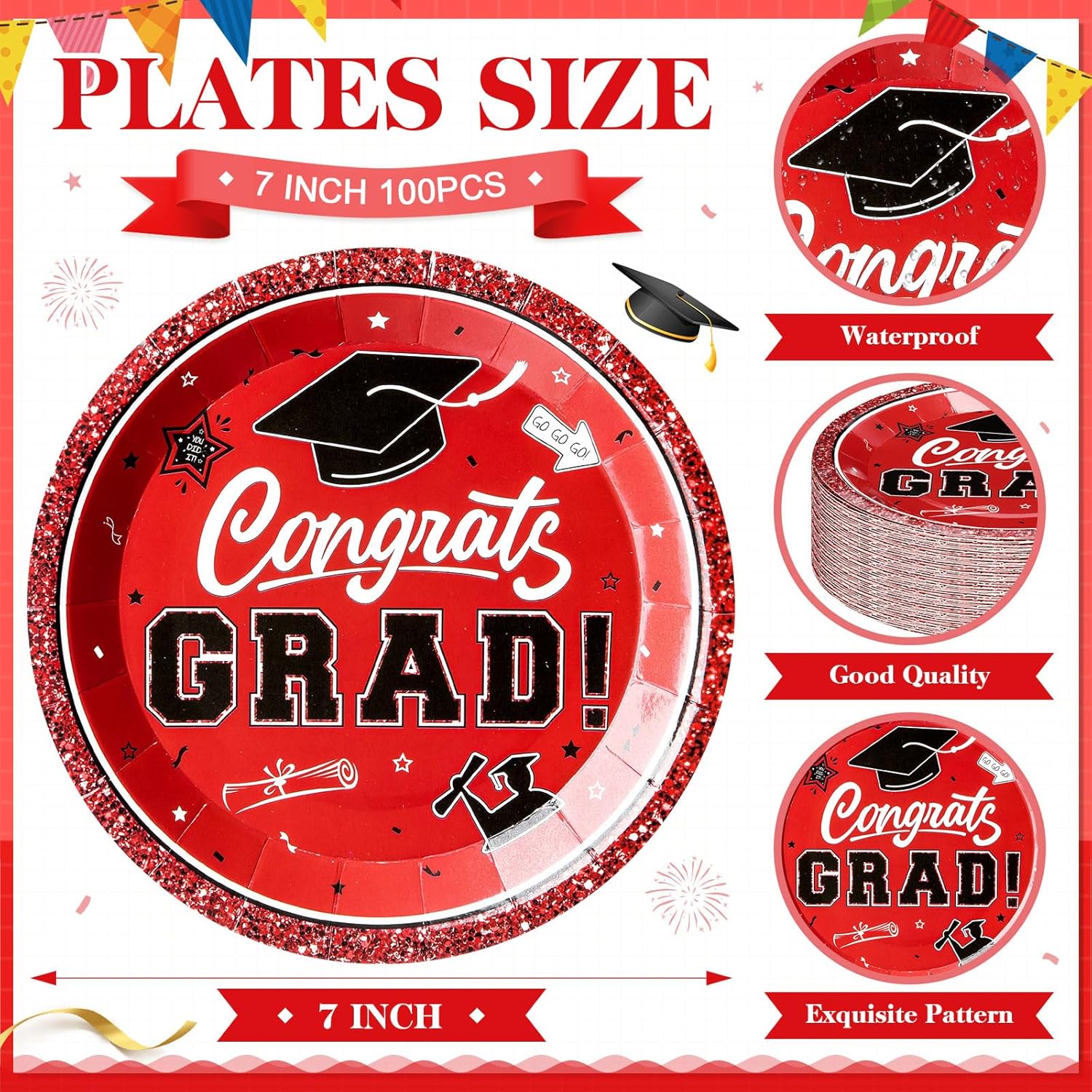 Sabary Red Glitter 100 Pcs Graduation Paper Plates 2026 7 Inch Graduation Party Supplies Class of 2026 Decorations Congrats Grad Plates Disposable Plate Tableware (Classic)