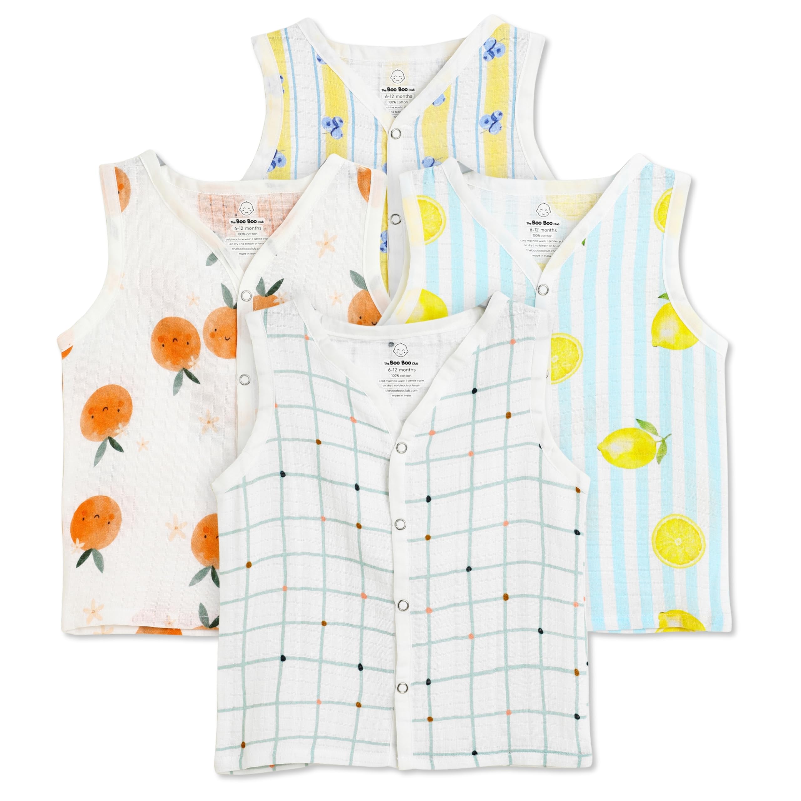the boo boo club Organic Cotton Baby Jhabla | Pack of 4 Newborn Sleeveless Jabla | Newborn Infant Summer Wear | Soft & Breathable Muslin Fabric | Easy Button Closure Vest-picture-30