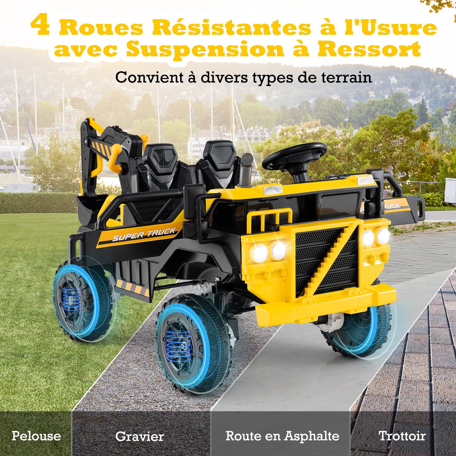 COSTWAY 24V Voiture Excavatrice Électrique Enfant avec Télécommande & Pelle, Camion Électrique 2 Places avec Musique & Lumières & Klaxon, 2,6-5km/h, Charge 25kg, Tracteur pour 3 Ans+, Jaune