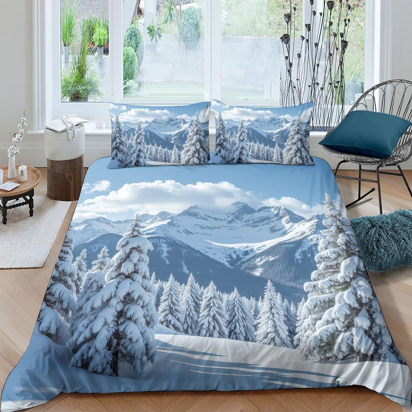 GPLZQXKJNH 3D Printed Snow Mountain Duvet Cover Microfiber Soft Breathable Forest Winter Bedding Set with 2 Pillowcases for Bedroom Decoration Single（135x200cm）