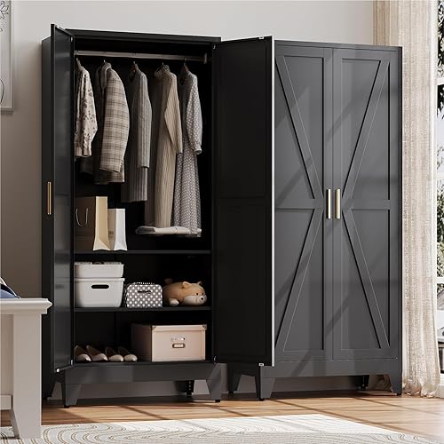 Baborokic Metal Armoire Wardrobe Closet with Hanging Rod,71H Metal Cabinet with Doors and Shelves,Freestanding Bedroom Armoire Closet,Storage Cabinets for Bedroom,Office,Laundry Room(Black)