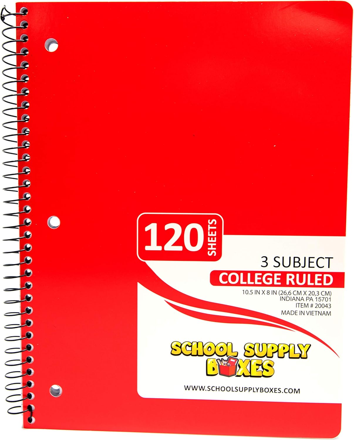College Ruled 3 Subject Spiral Notebooks - 20pk School Supply Bundle - College Ruled Paper with Perforated Edges for Easy Tearing - Assorted Colors: Red, Yellow, Green. Blue, Black