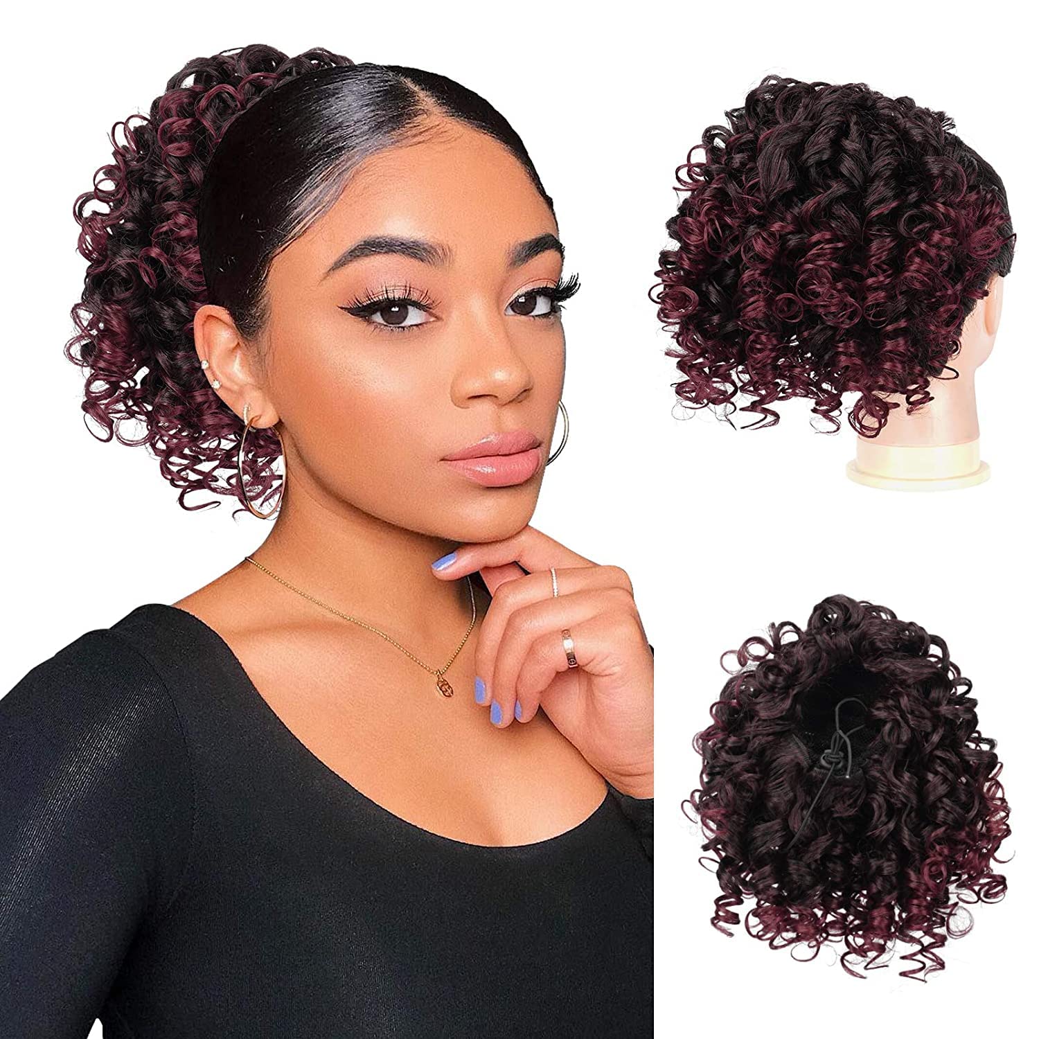PEACOCO Curly Ponytail Extension Drawstring Ponytails for Black Women - 6 Inch Pony Tail Clip on Ponytail Synthetic Short Afro Hairpiece for Daily Use