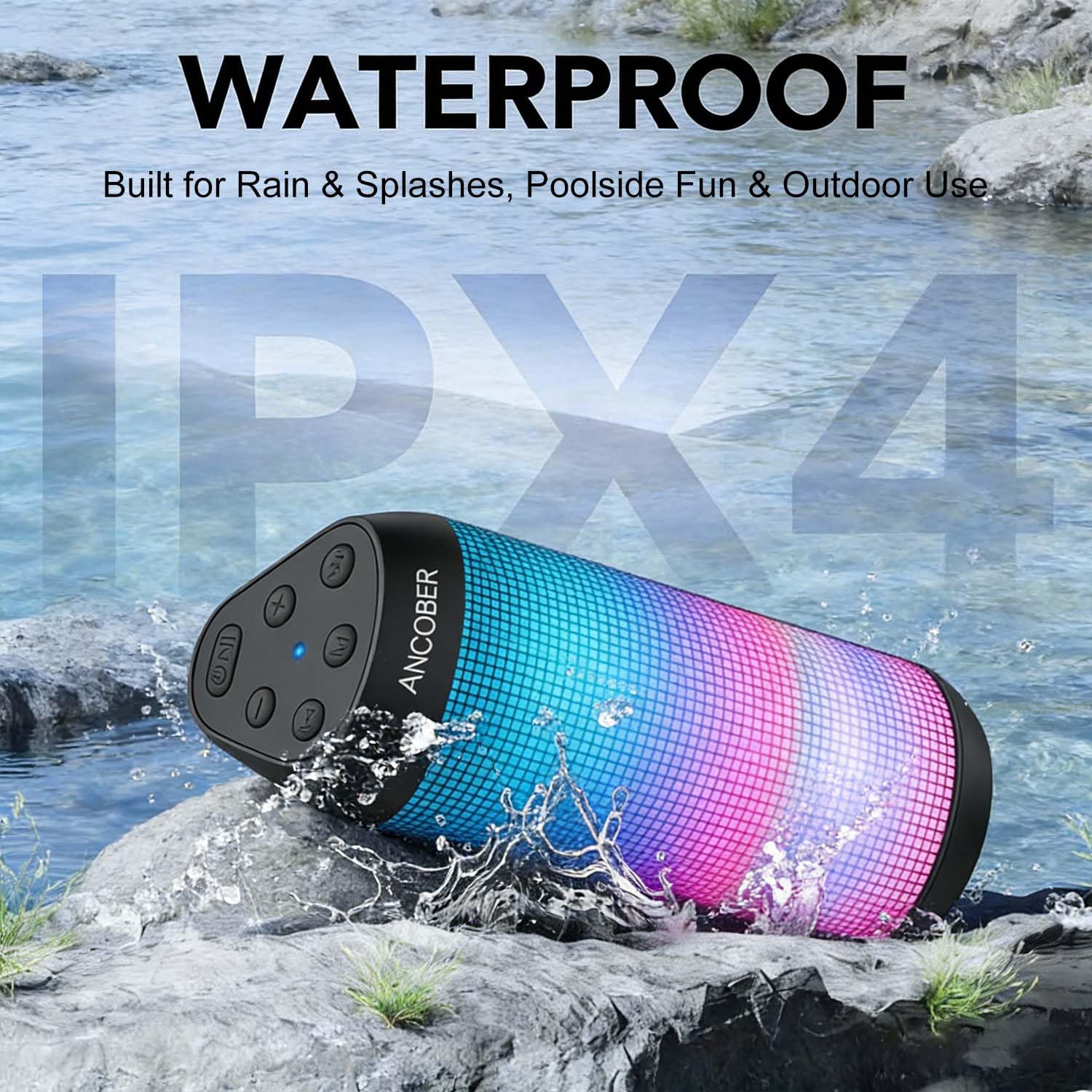 Altoparlante Bluetooth, altoparlante wireless portatile con suono forte stereo HD, luci LED RGB, tempo di riproduzione 36 ore, accoppiamento surround TWS, impermeabile IPX4, BT5.3 con AUX, per esterni