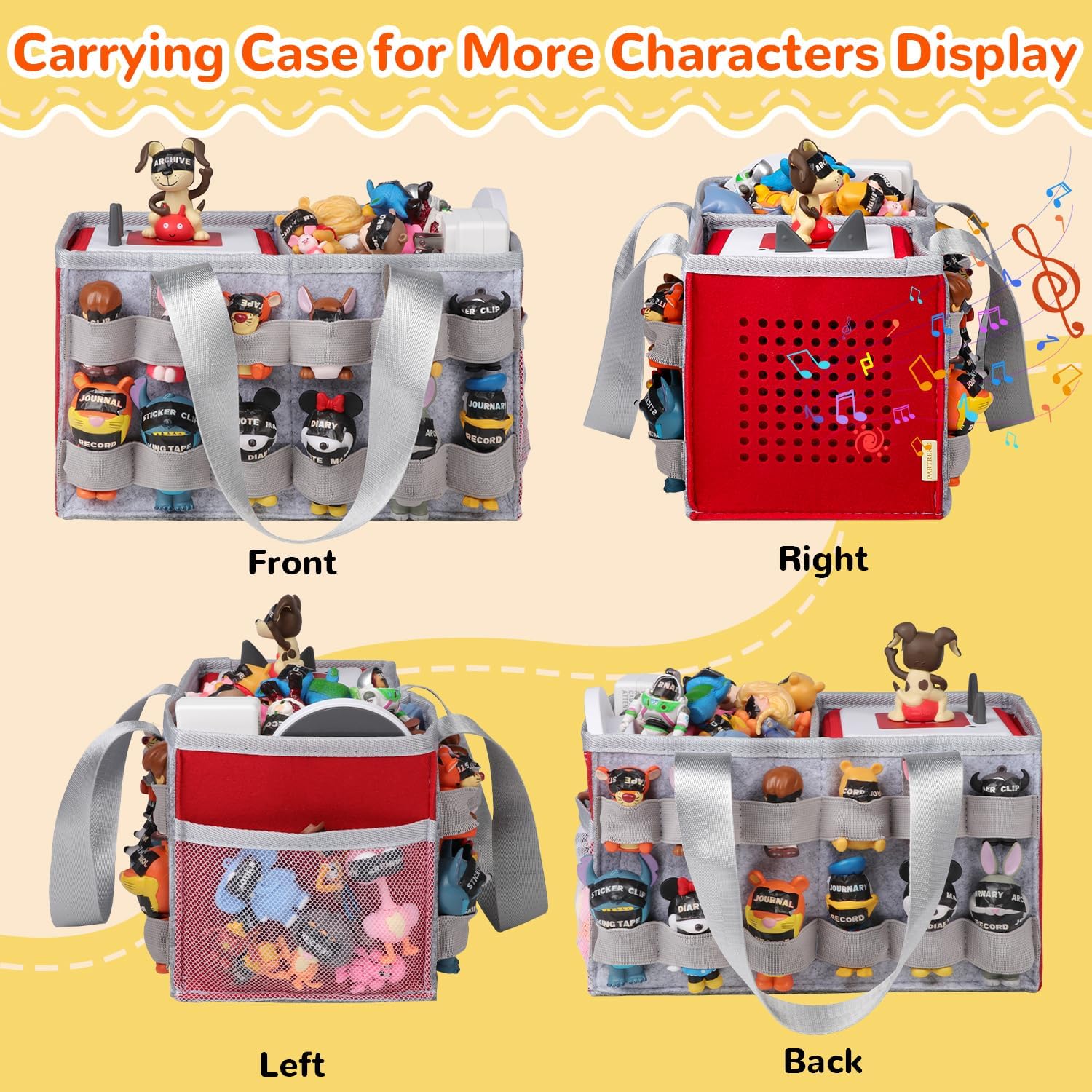 Carrying Case for Tonies Box with Audio Position, Portable Travel Storage Bag for Tonies Figures with 24 Elastic Strap Gray&Red & 8 Pack Clear Toy Storage Bag with Name Tag& Manual Pocket