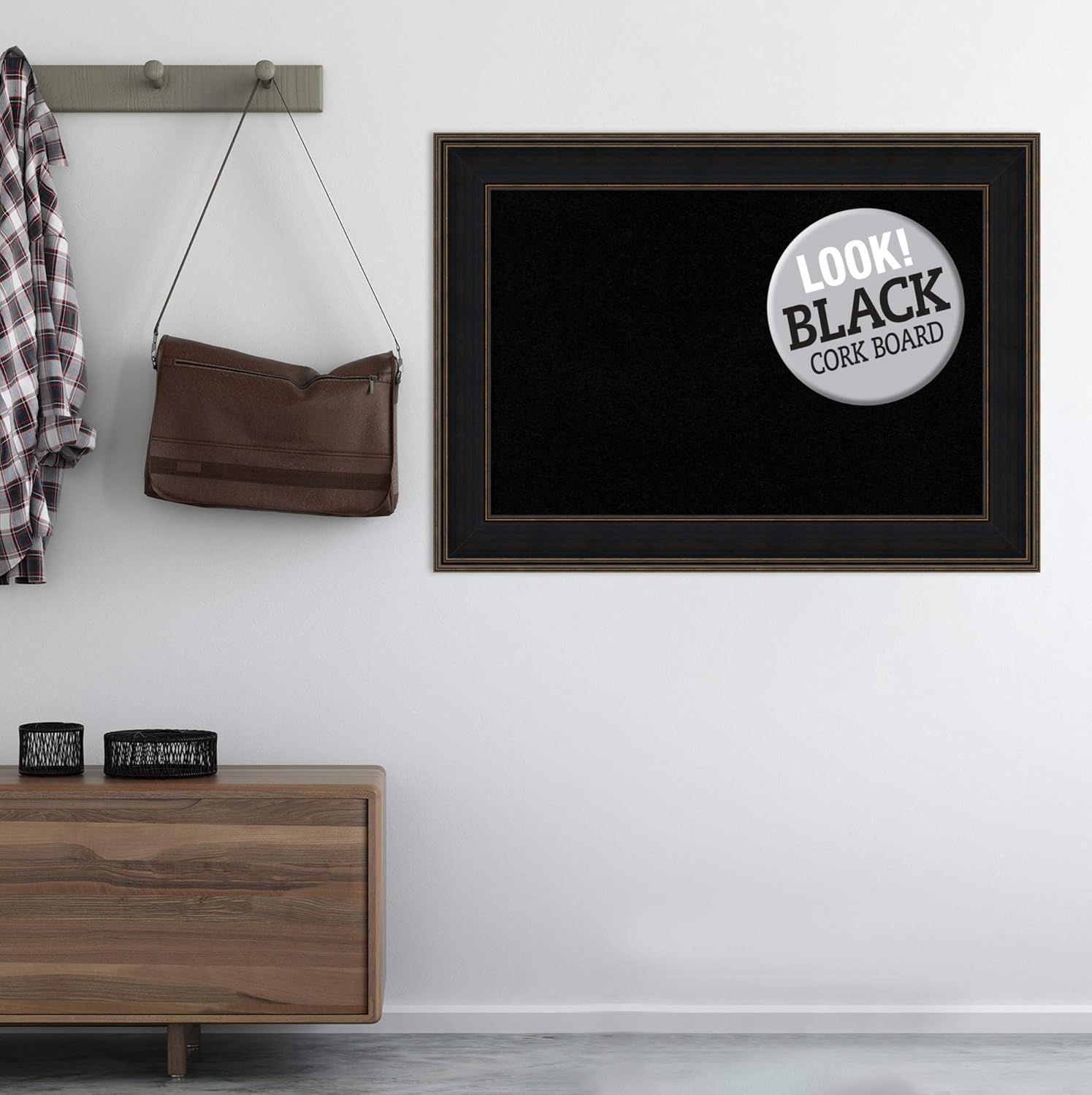 Amanti Art Black Cork Board for Wall, 32x44 Vision Board with Brown Wood Frame, Large Corkboard Office Decor for Home Organization, Casual Corkboard Pinboard to display items for home organization