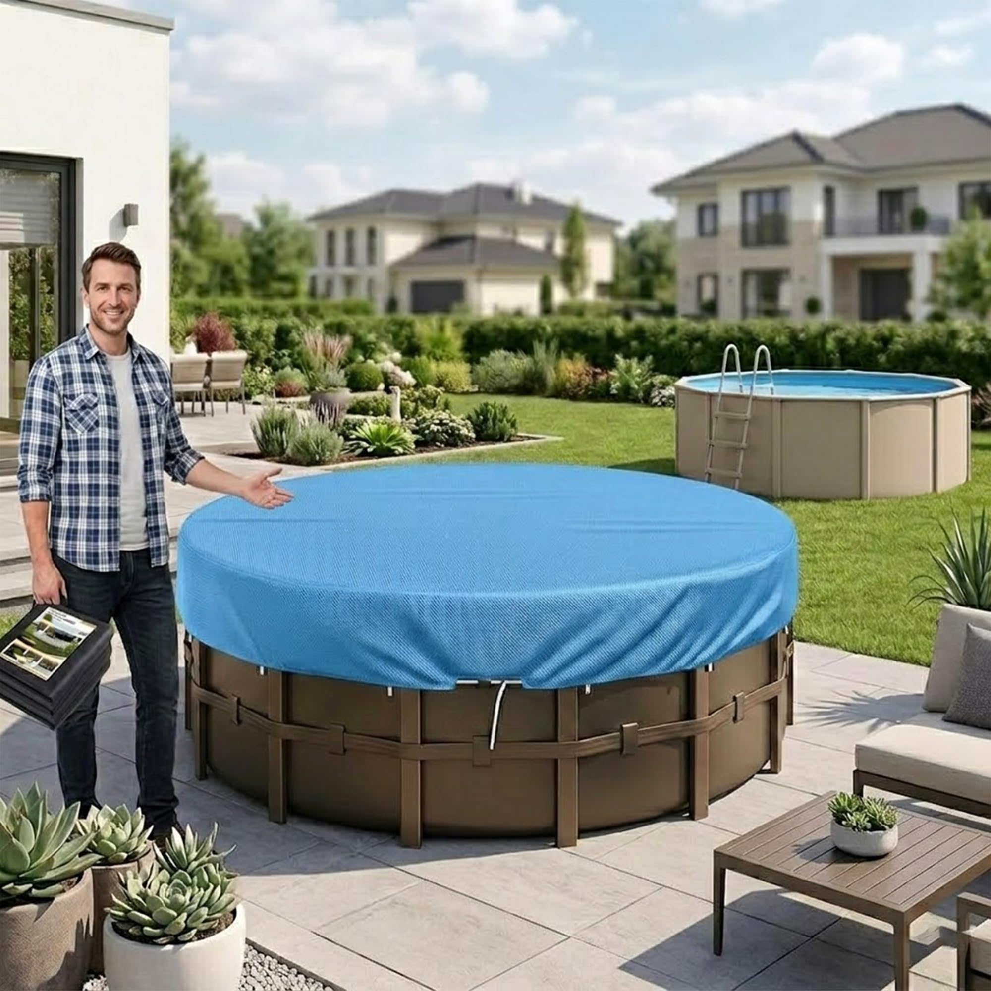 Copertura per Piscina Rotonda Tessuto, Resistente ai Raggi UV Impermeabile Antipolvere, Copertina Protettiva per Piscina Fuori Terra Resistente al Freddo e agli(Blue,D 366 x H 20 cm)