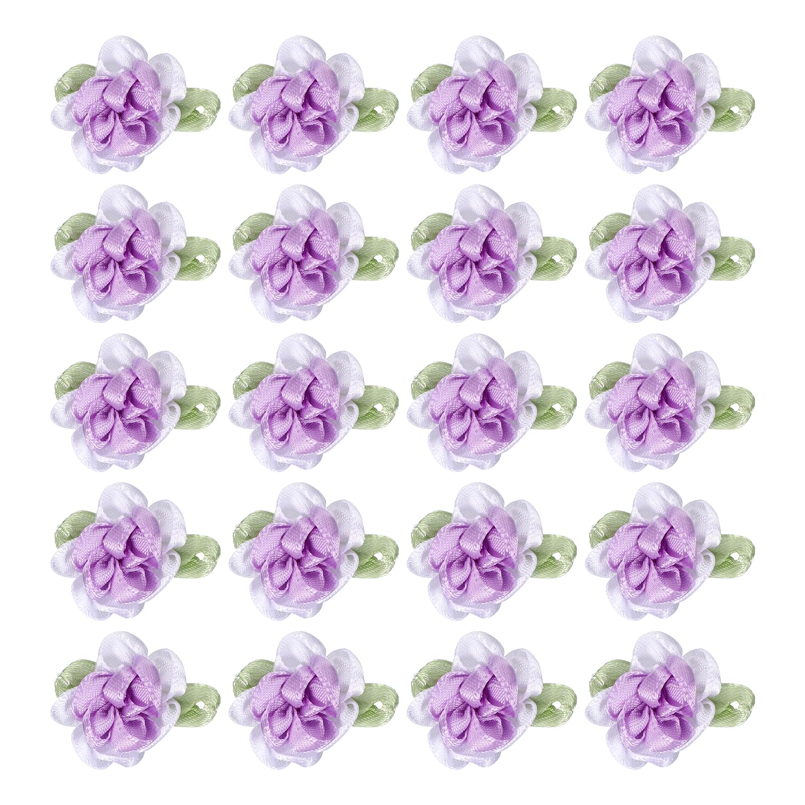 PATIKIL 1 Inch Ribbon Flowers Bows for Crafts 20 Pack Mini Satin Roses Flowers Small Fabric Flower Heads DIY Sewing Appliques for Gift Wedding Bride Ornament Purple/White