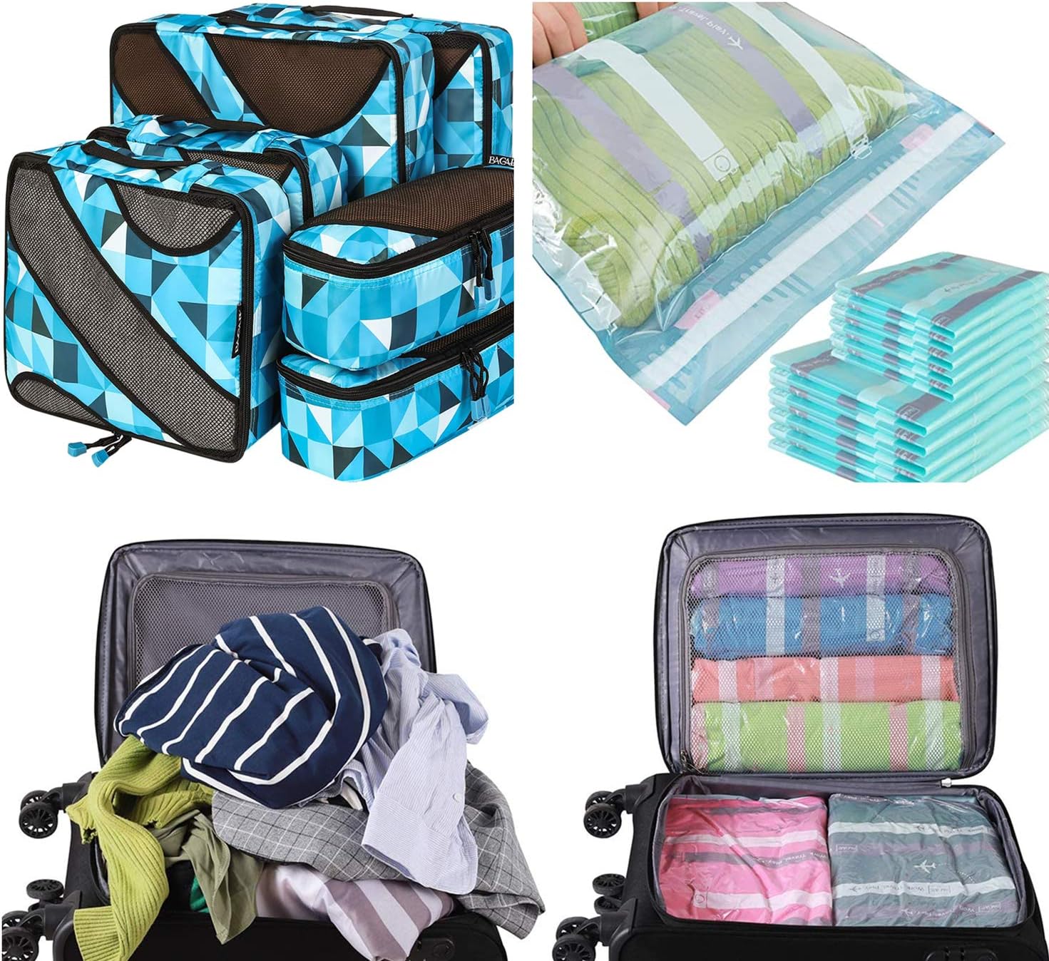 Bagail 6 Set Packing Cubes (Geometry Blue) and 8 Pack RollUp travel compression