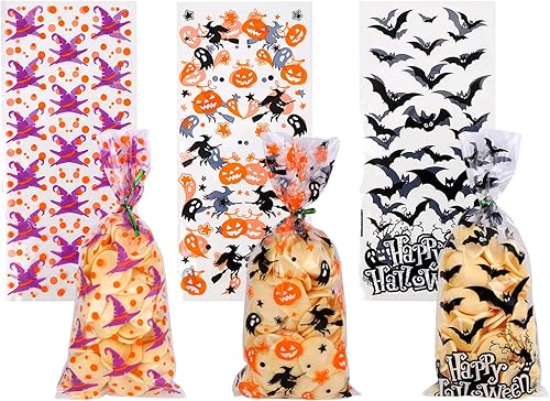 Miniatura 3 de DIYASY 150 bolsas de celofán de Halloween, bolsas de dulces transparentes, bolsa de plástico para murciélagos, calabaza, bolsa de golosinas de bruja