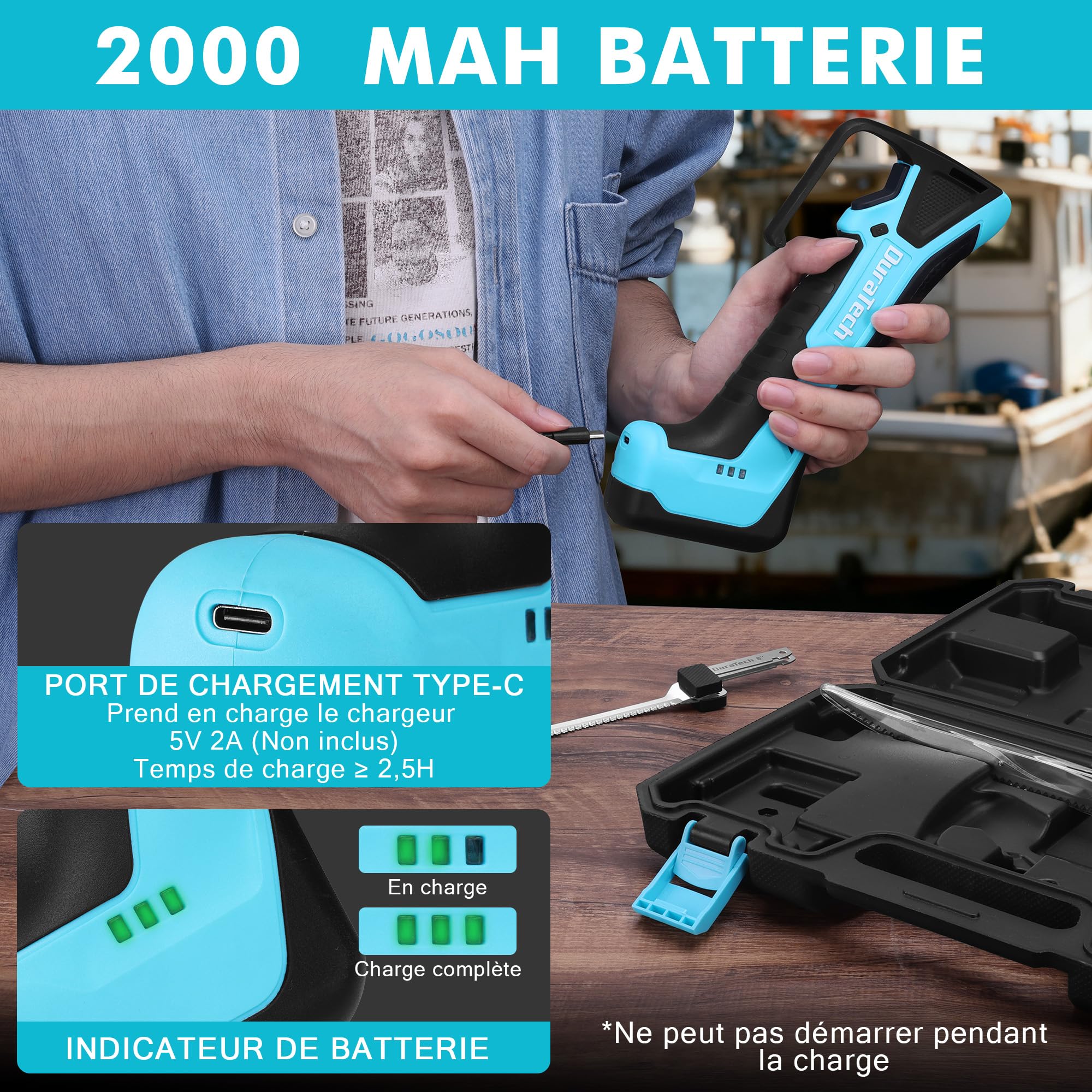 DURATECH Couteau à Filet Électrique sans Fil, Couteau à Filet de Poisson Rechargeable avec 2 Lames(20cm/25cm), Poignée Antidérapante, Verrou de Sécurité, LED, Idéal pour Cuisine, Pêche, Professionnels