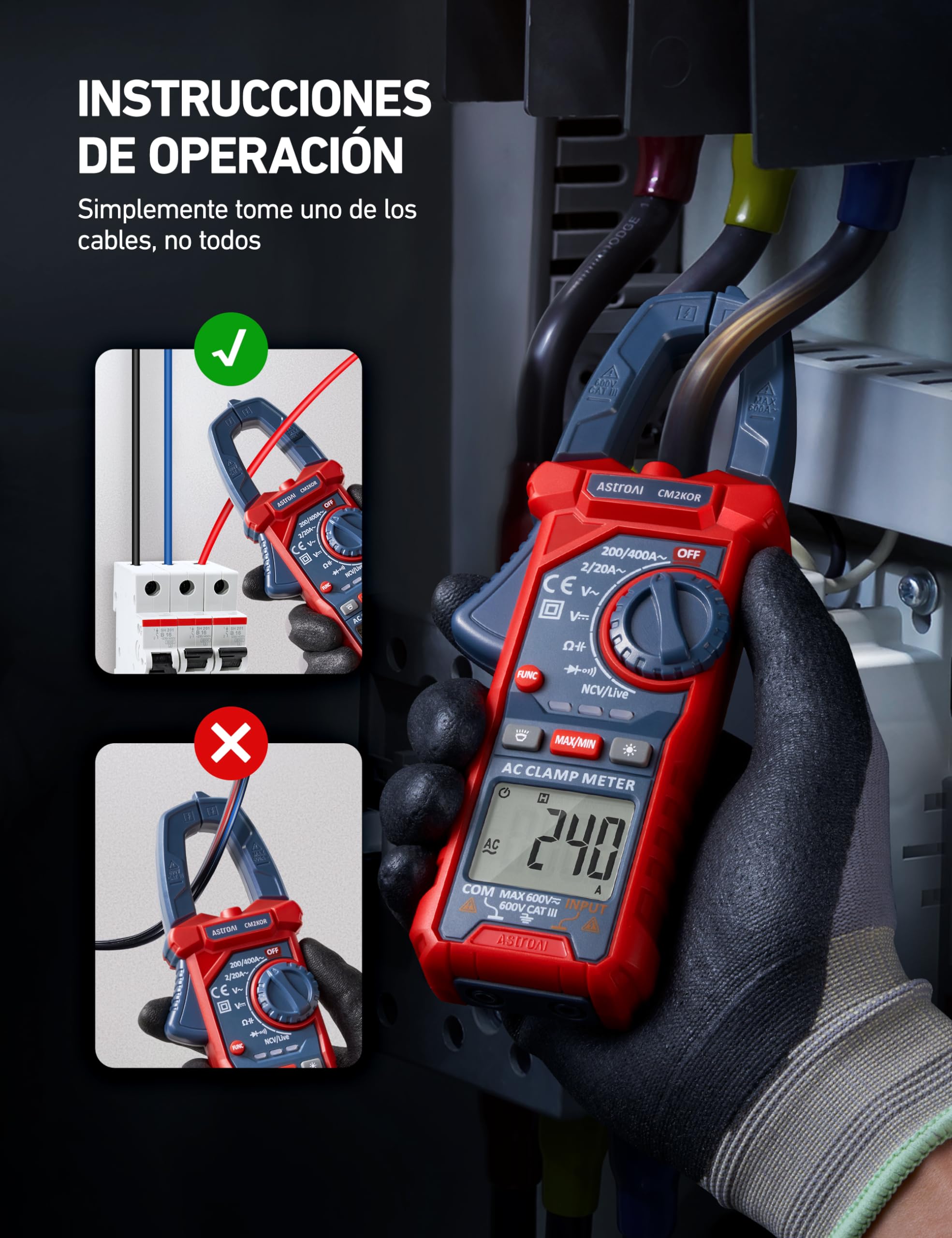 AstroAI Pinza Ampérimetrica, Multímetro Digital Profesional, Polímetro, Voltímetro, Tester para Corriente CA, Voltaje CA/CC, Resistencia, Frecuencia, Capacitancia, Continuidad, Diodos de Prueba — view 4