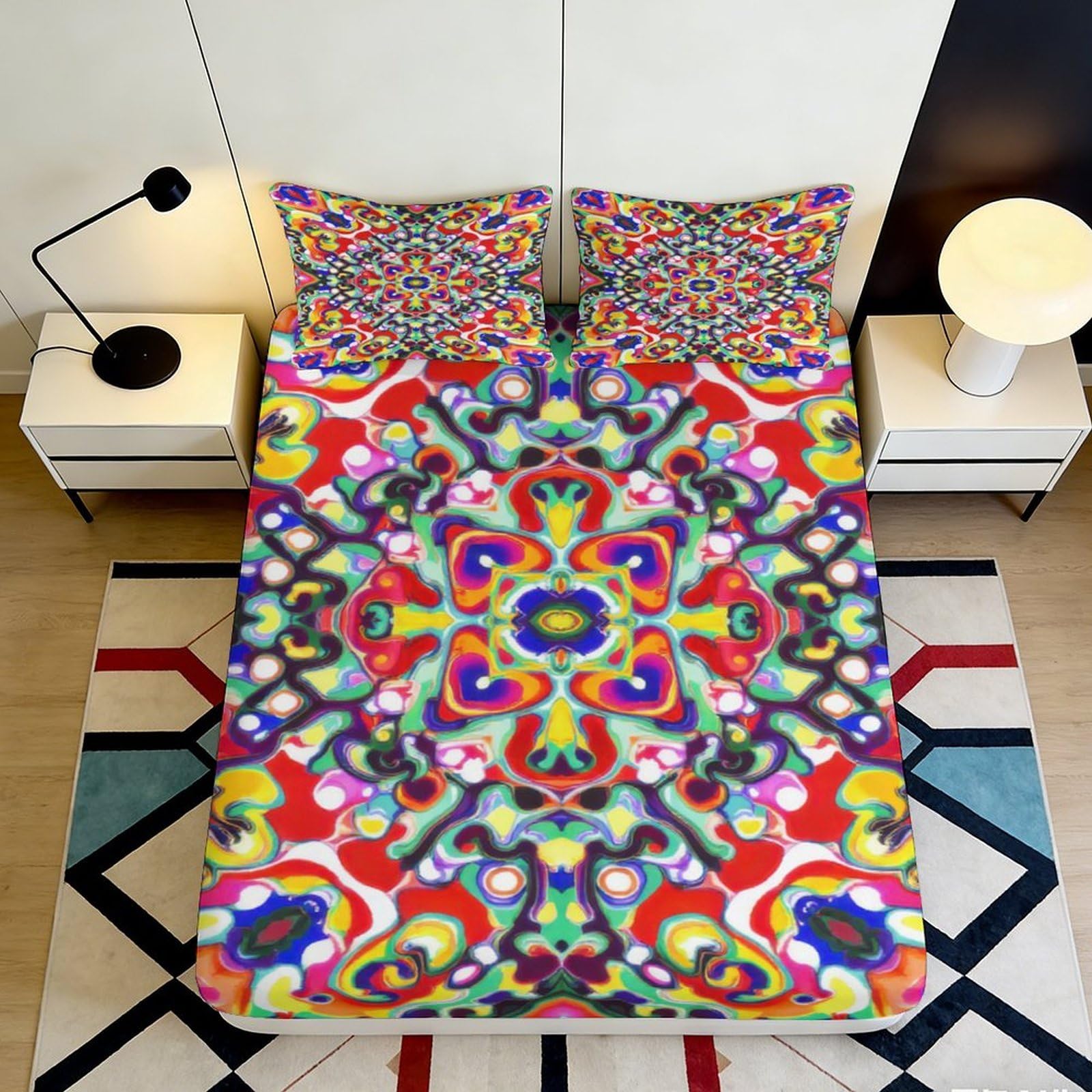 3D Printed Colorful Abstract Pattern Fitted Sheet Microfiber Soft Breathable Vibrant Mandala Bed Cover for Bedroom Dormitory Guest Room Mattress Protection 200x200x25cm