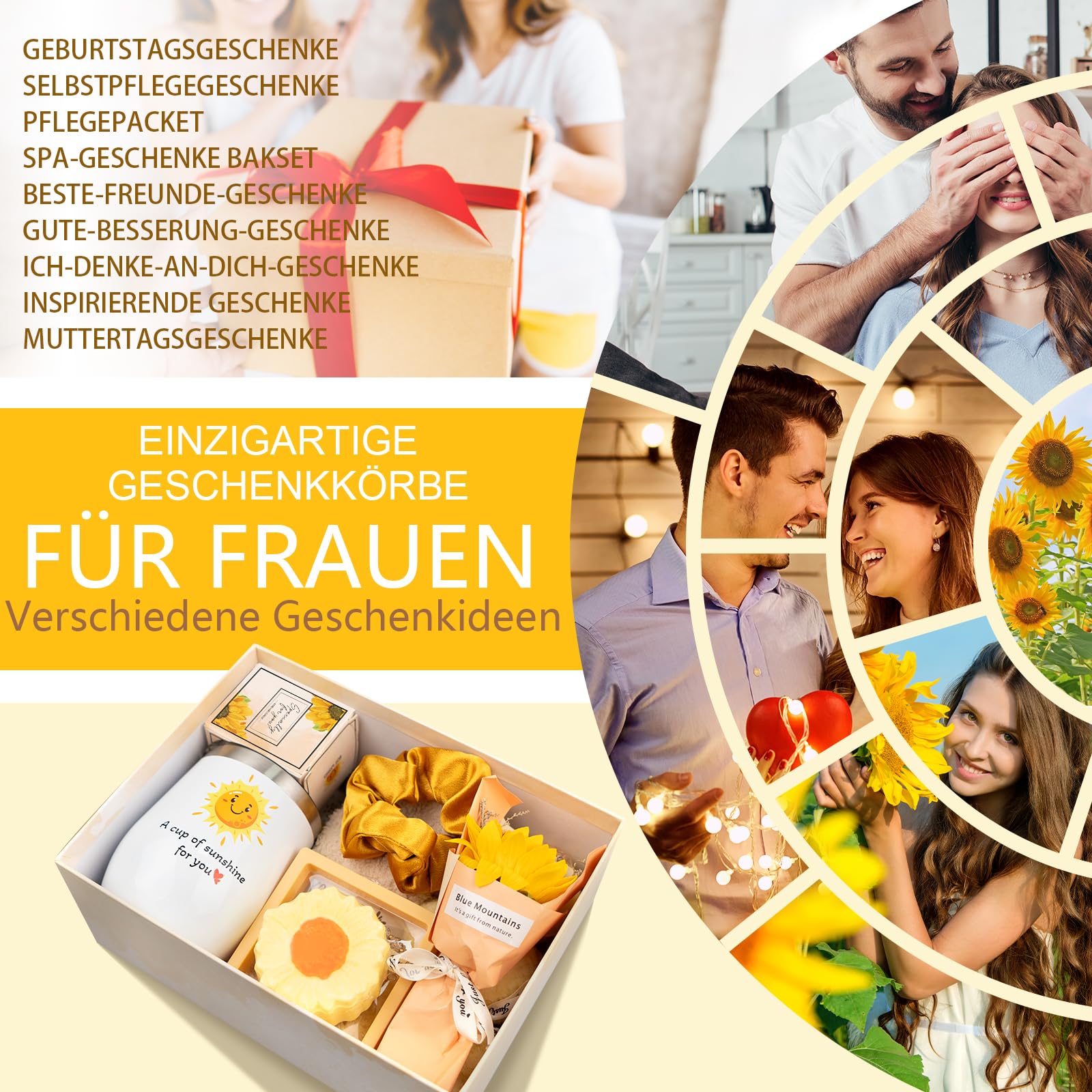 Geschenkkorb Für Frauen – 11-teiliges Sonnenschein-Pflegepaket Mit Decke, Socken, Kerze & Mehr