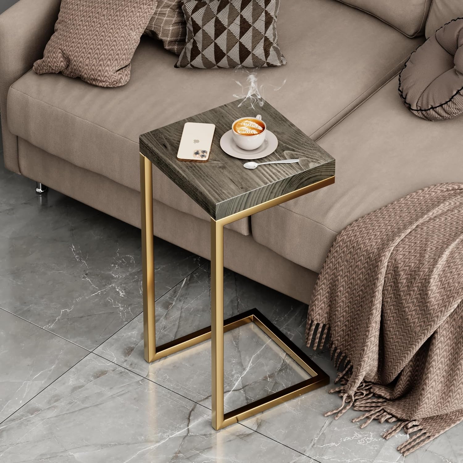Urbandi C Shape Rustic Side Table for Living Room Couch Tray, Nightstand for Bedroom, End Table, Made in USA from Solid Pine Wood and Strong Metal Base, Comes Fully Assembled (Gold/Aged Barrel)