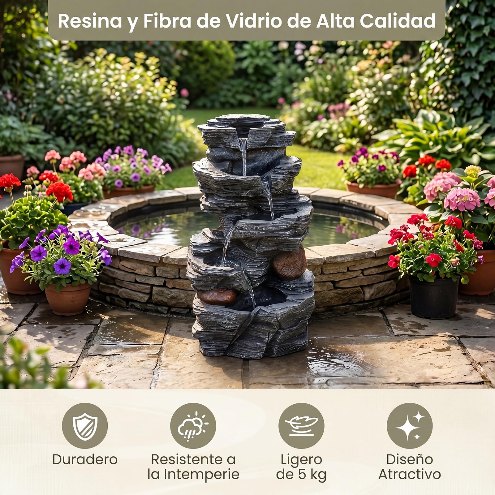 COSTWAY Fuente de Agua en Cascada 5 Niveles, Iluminación LED Bomba, 45,5 cm | Fuente Jardin Exterior, Decoración Independiente de Mesa o Suelo Salón Patio Terraza