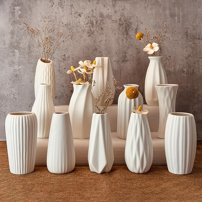 White Ceramic Vase Set of 12, Small White Bulk Bud Vases for Pampas Grass for Wedding Table Centerpieces Decoration, Modern Boho for Rustic Vase