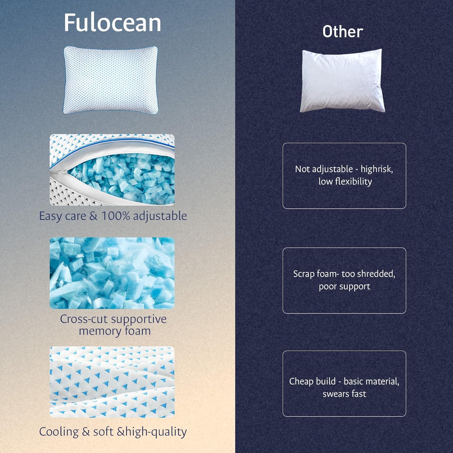 Adjustable Cooling Gel Memory Foam Pillows Queen Size for Sleeping 1 Pack,Thick Firm Bamboo Rayon Shredded Bed Pillow for Side,Back,Stomach Sleepers Washable Breathable Pillowcase,Gifts College Dorm - Image 8