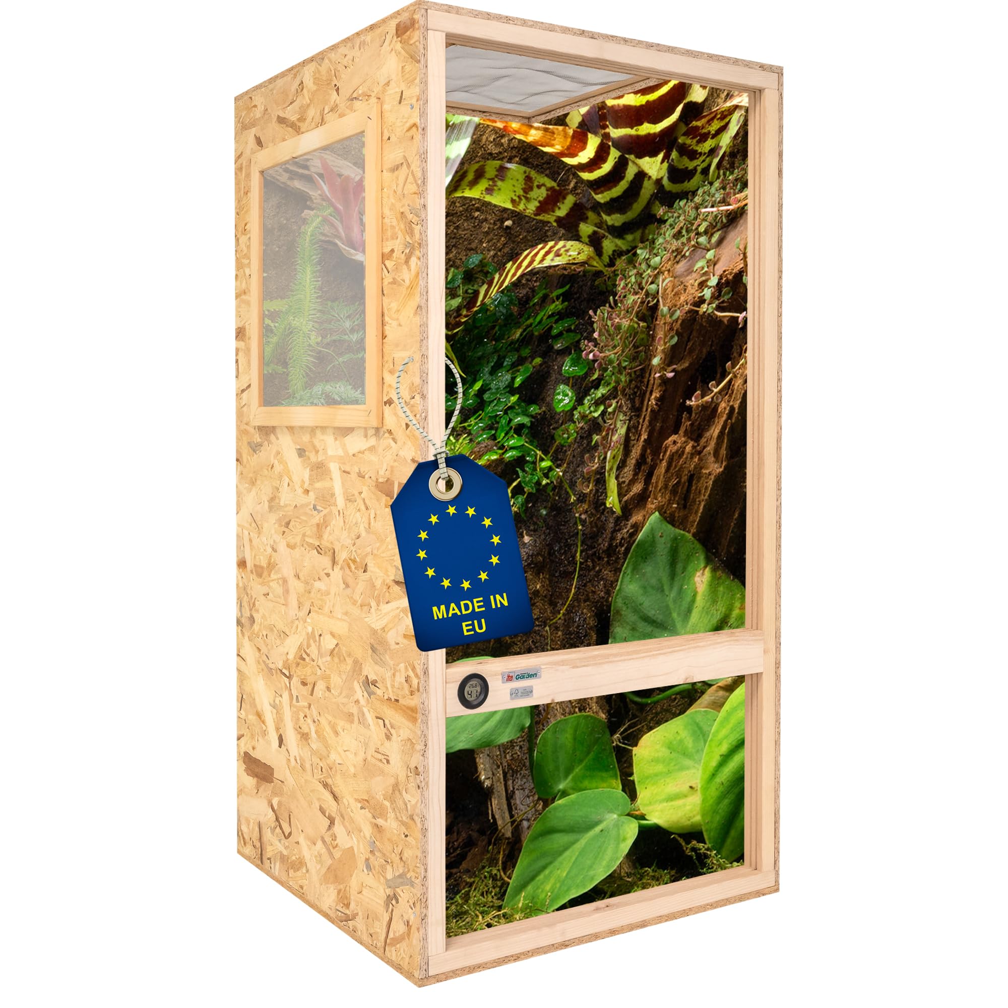 ITA Terrario para Camaleón 120x60x60 cm con ventilación de superficie e higrómetro integrado - Terrario de madera de OSB-3 placas - Terrarios para camaleones y otras especies animales - Producto de la