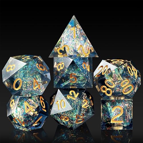 DNDND - Juego de dados D&D, hecho a mano, 7 piezas con bordes finos con funda de dados de regalo para juego Dungeons and Dragons (cian oscuro con