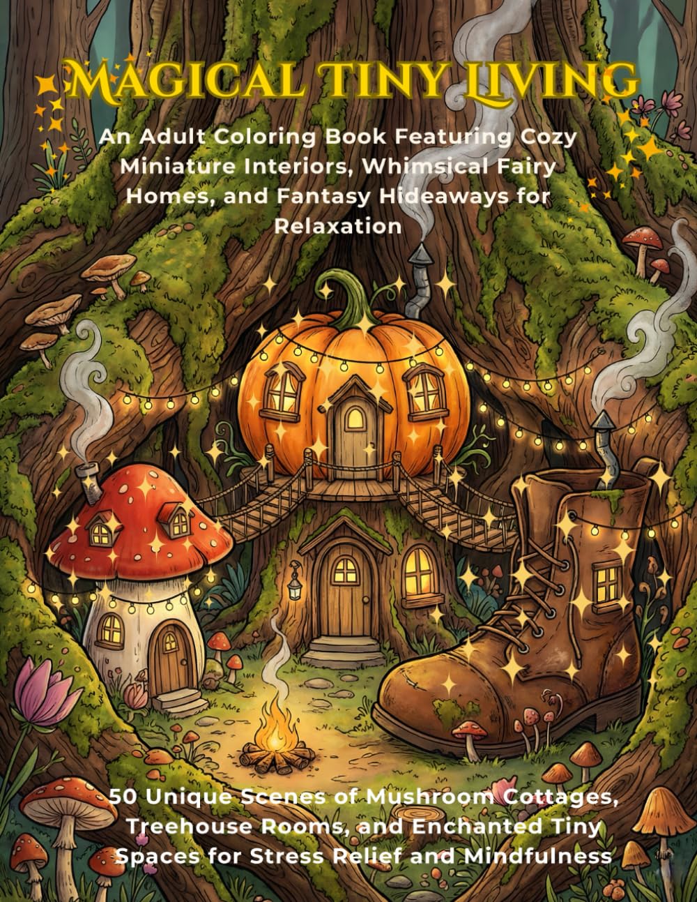 Magical Tiny Living: An Adult Coloring Book Featuring Cozy Miniature Interiors, Whimsical Fairy Homes, and Fantasy Hideaways for Relaxation: 50 Unique ... Treehouse Rooms, and Enchanted Tiny Spaces