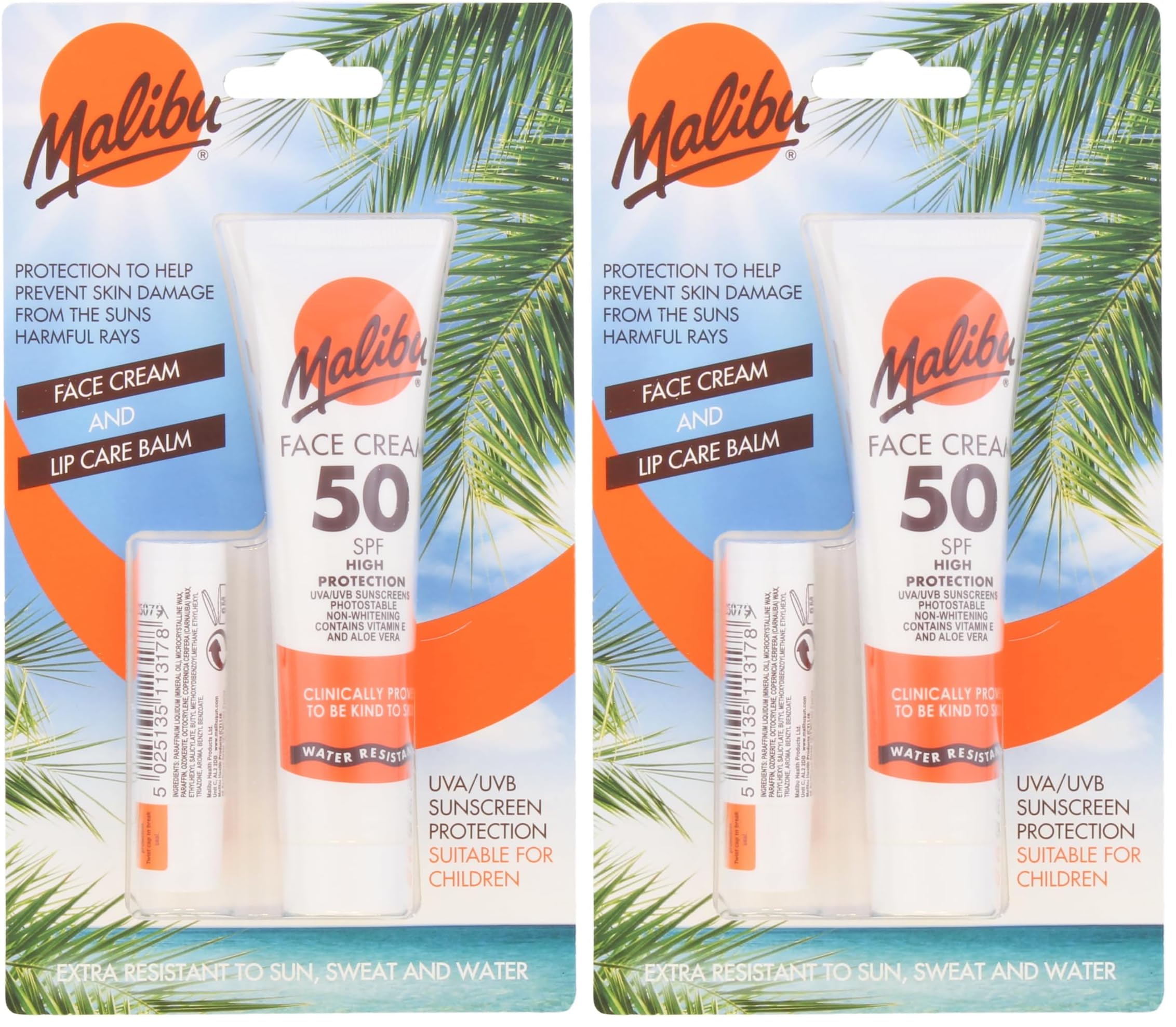 Malibu Sun Duo Pack, SPF 50 Face Cream Sunscreen and SPF 30 Lip Balm Protection, Water Resistant, 2 Piece, 40ml and 5g (Pack of 2)