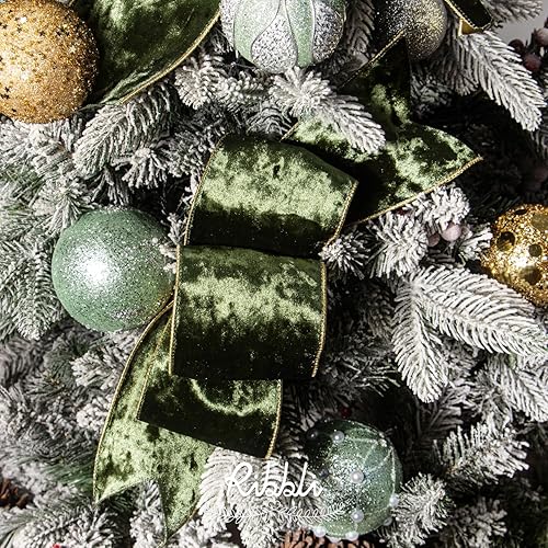 Vista 106 de Ribbli - Cinta de terciopelo dorado verde oscuro metálico con alambre de 2.5 pulgadas, cinta navideña de terciopelo arrugado para envoltura, decorar