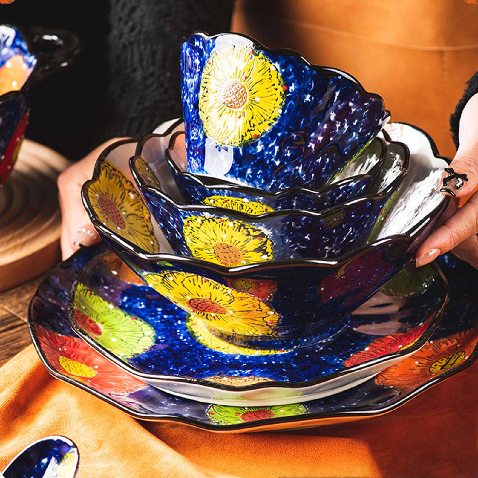 Ramen-Schüssel, Keramik-Instant-Nudelschüssel, Ramen-Schüssel 2er-Set, Keramik-Ramen-Schüssel, große Suppenschüsseln-Blau und Blumen-8 Zoll(Blue)