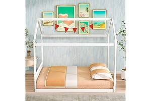 LUSPAZ Kids Queen Size Wood House-Shaped Floor Bed with Headboard