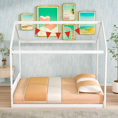 Miniatura 3 de Rhomtree Marco de cama de madera con techo tamaño Queen cama alta de madera maciza y resistente con cabecero muebles de guardería cama de tienda de