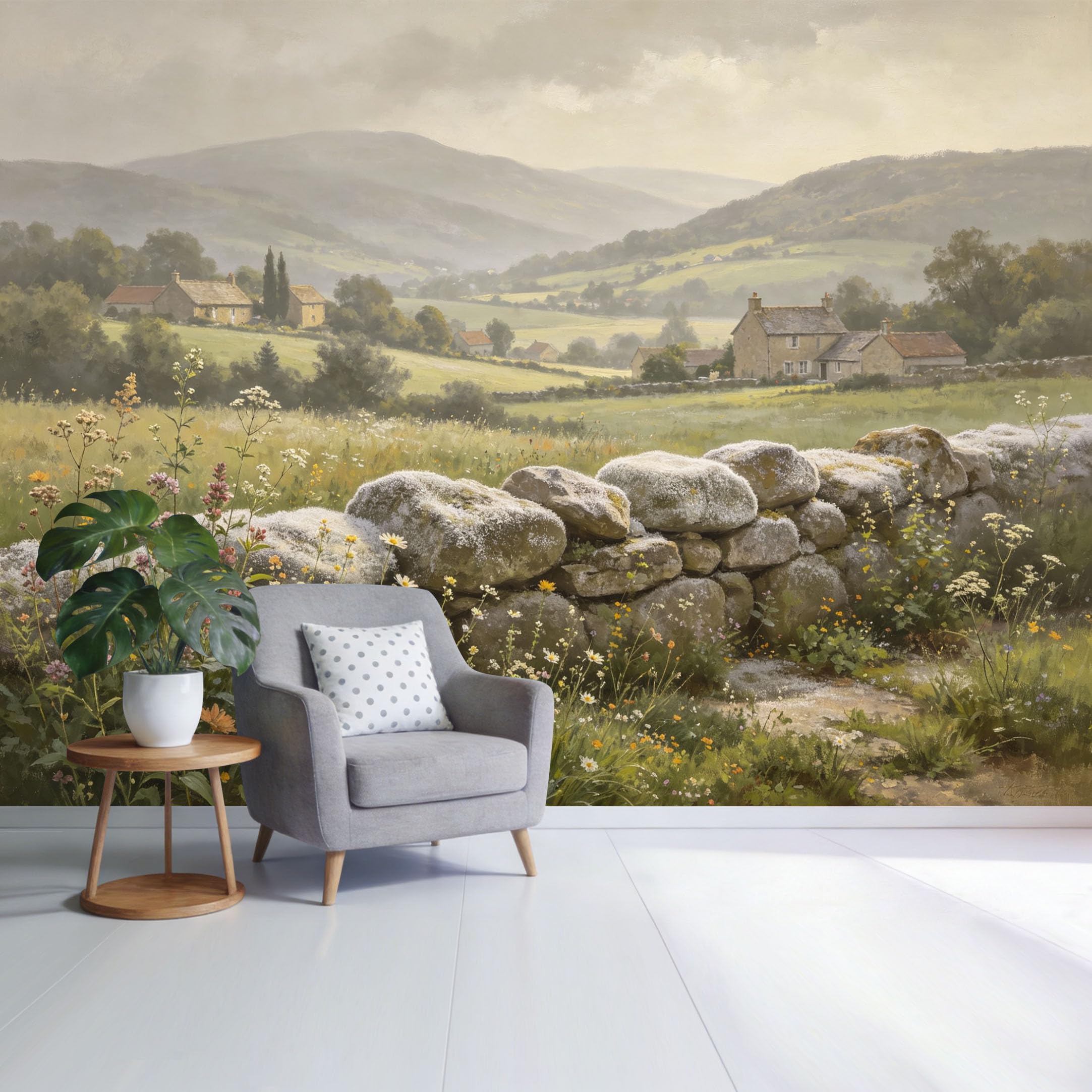 Custom Size Wall Mural Countryside Landscape Stone Fence Wildflower Field Mountain Valley View SelfAdhesive Wall Fabric Removable Wallpaper for Home Office Decor