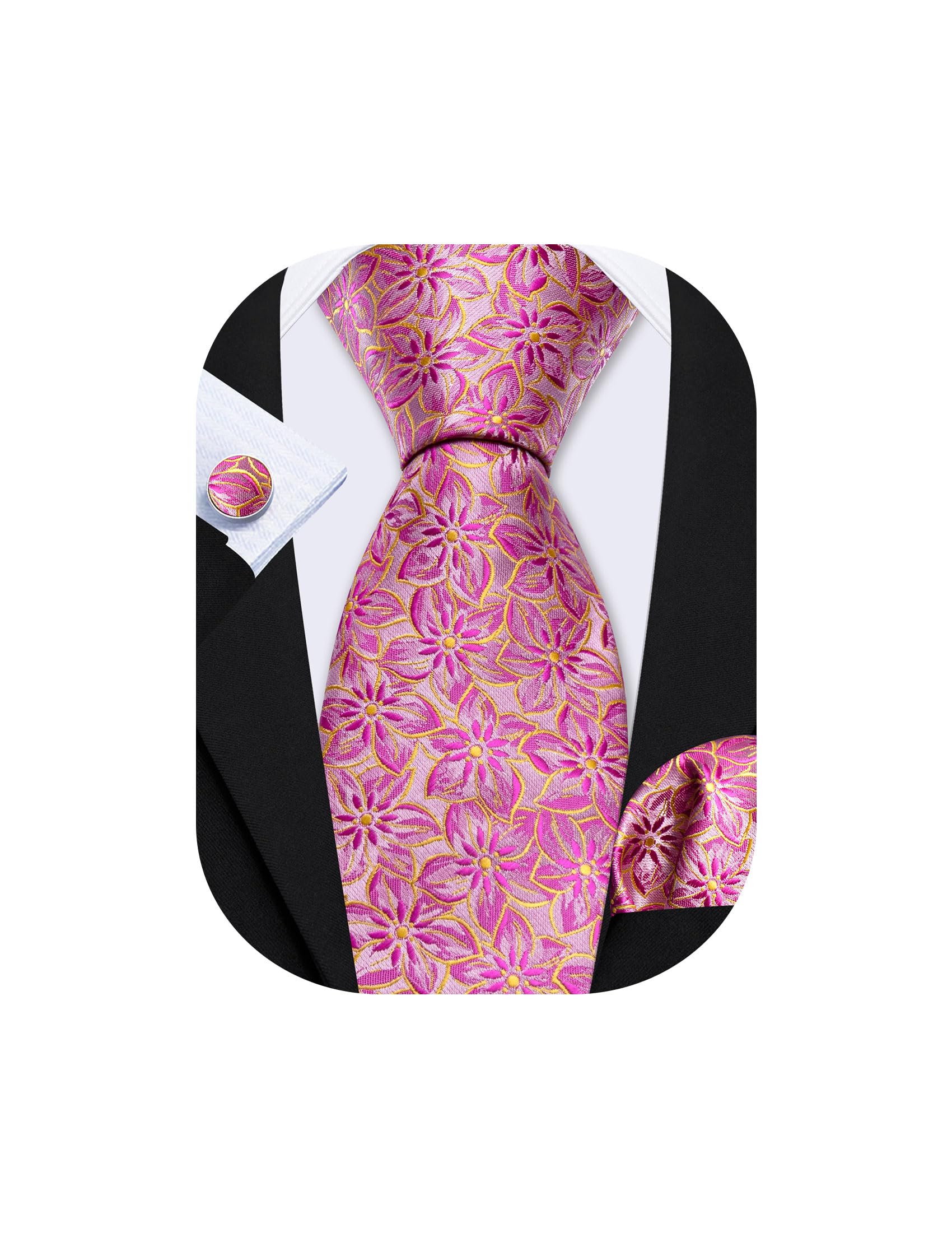 Barry.Wang Men Tie Set Floral Paisley Silk Necktie Pocket Square Cufflinks