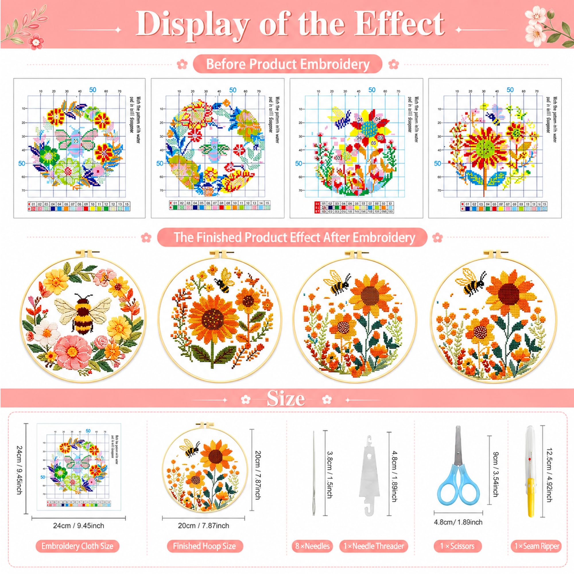 Beginner Cross Stitch Kit - Bee & Flower Designs -4