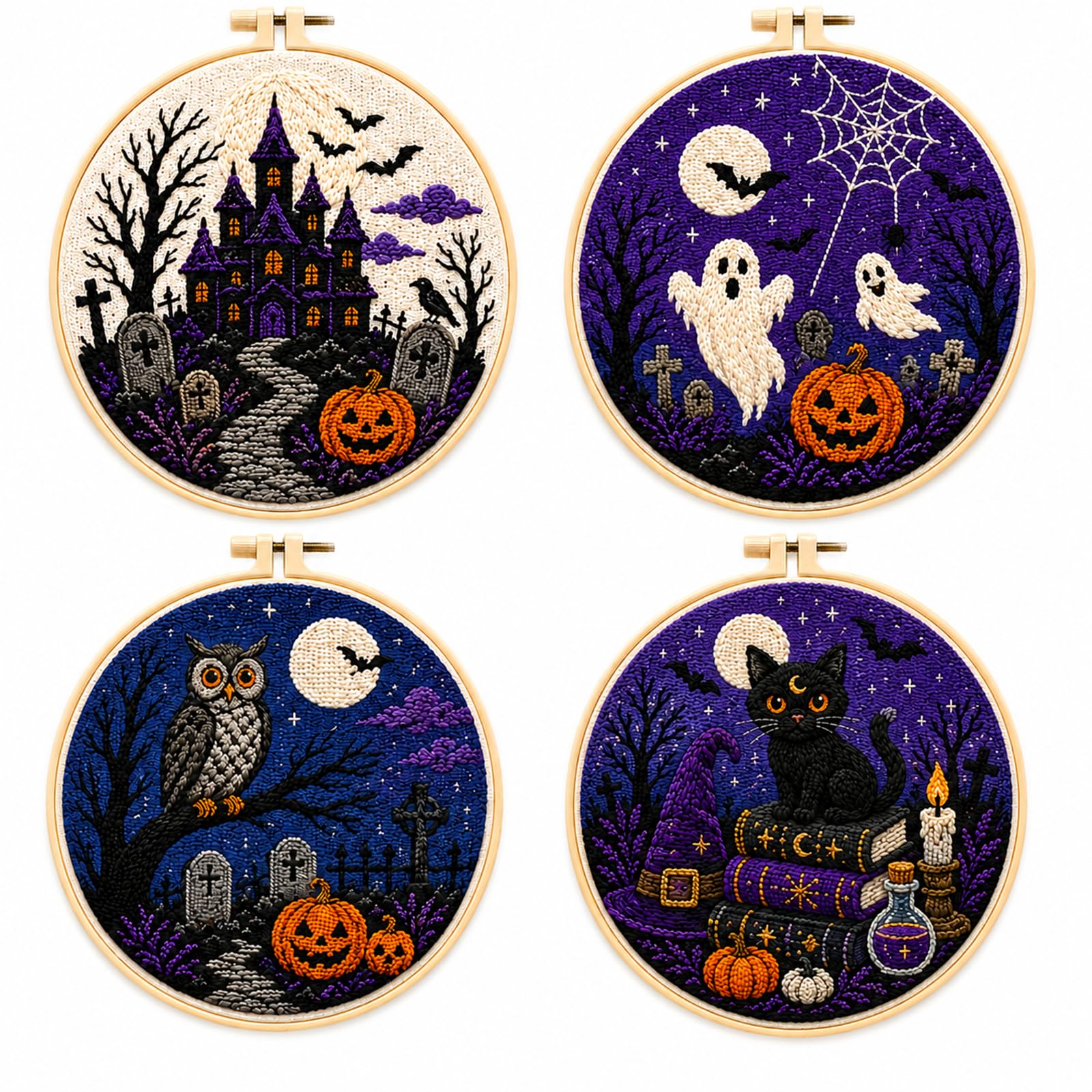 CAYLEKI Halloween Embroidery Kit for Adults, 4 Hoops with Washable Patterns