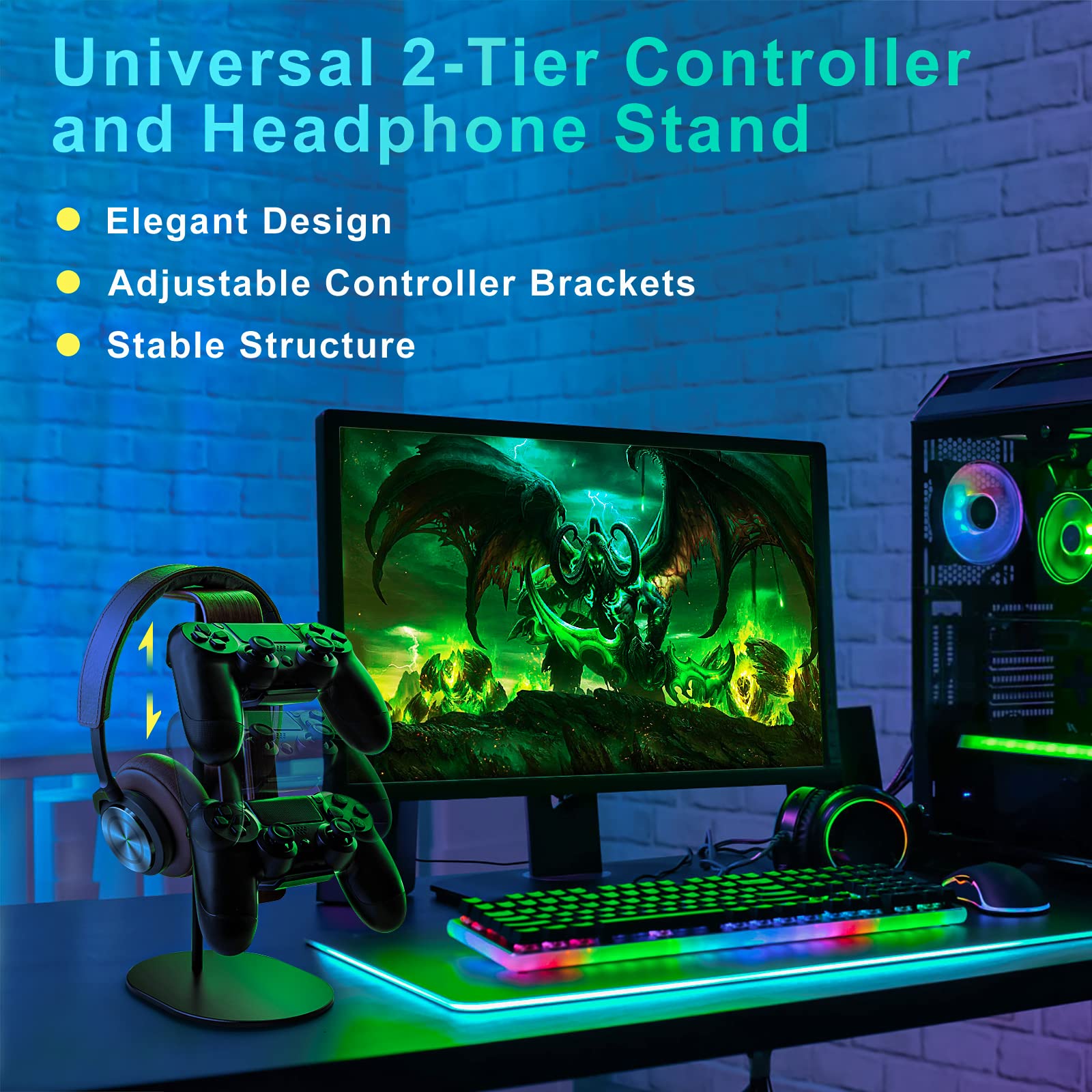 Uchwyt na Kontroler i Zestaw Słuchawkowy, Aluminiowy i Drewniany Stojak do PS5 PS4 Xbox One Nintendo Switch, Uniwersalne Akcesoria do Gier Biurkowych