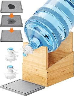 NiHome 5 Gallon Wood Water Jug Stand with Diatomite, Includes 2 BPA-Free Food-Grade Dispenser Valves for Fast-Leakproof Flow, Fits 55mm Bottle Openings with Non-Slip Bottom Pads