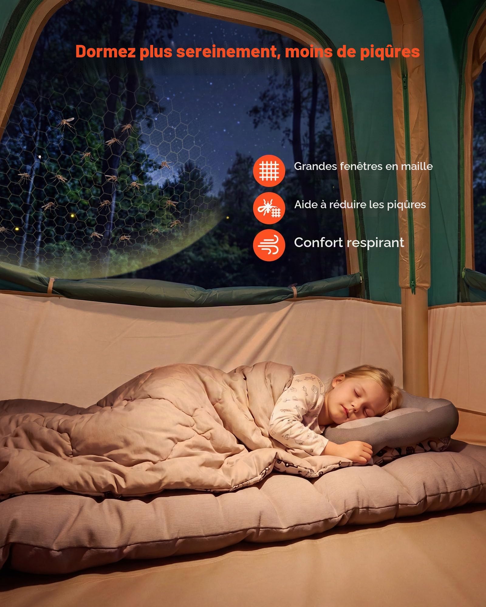 VEVOR Tente Gonflable 4 Personnes Pompe Rechargeable Tente de Camping Vert, pour Randonnée et Pique-niques en Famille, avec Tubes d'air en TPU, 5 Grandes Fenêtres en Maille, Sac de Transport Portable