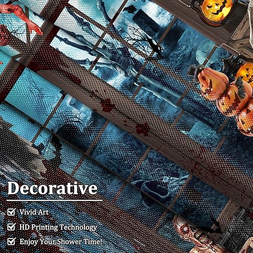 Miniatura 4 de Renaiss Cortina de ducha de Halloween de 72 x 72 pulgadas para decoración de Halloween, divertido esqueleto para el hogar, espeluznante calabaza,