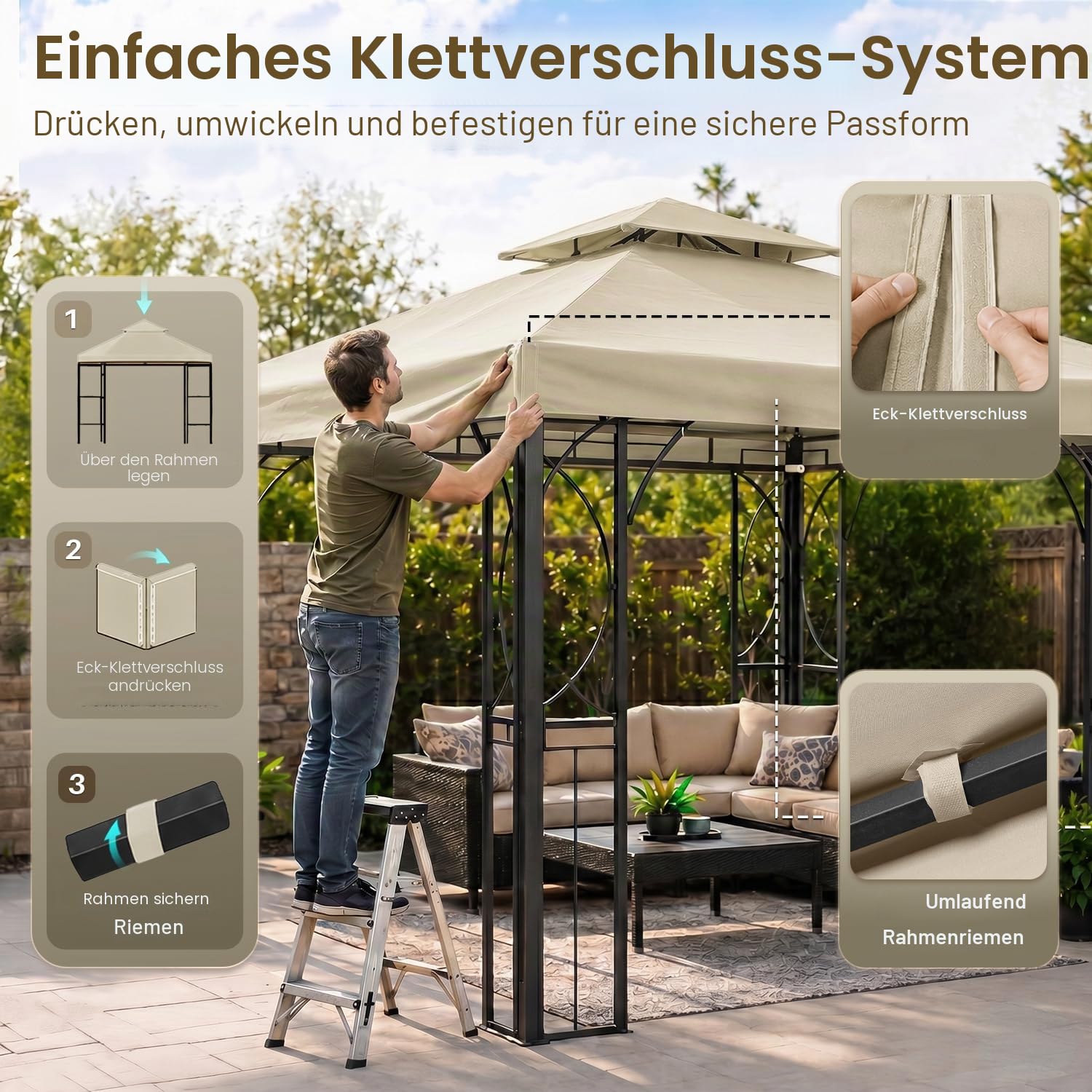 Flexzion Ersatz-Pavillon-Überdachung für Pavillon, 2,5 x 2,5 m, wasserdichte Abdeckung – Doppelstöckige UV30-Abdeckung für Vordächer, Garten, Terrasse, Hof, Zelt (Elfenbein)