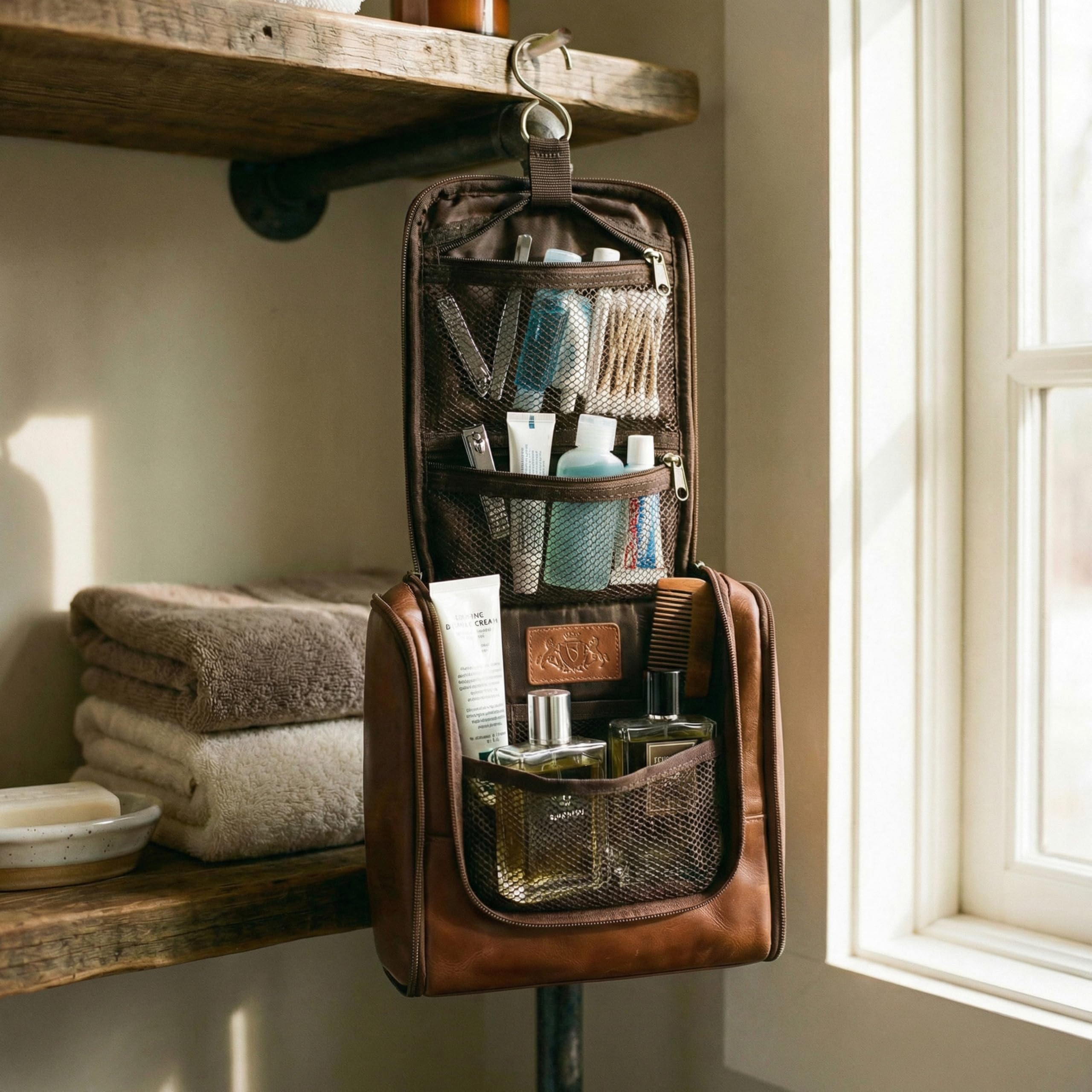 SID & VAIN Trousse de Toilette à pendre Cuir véritable Heathrow Sac de Toilette à Suspendre pour Hommes et Femmes Trousse de Maquillage Marron