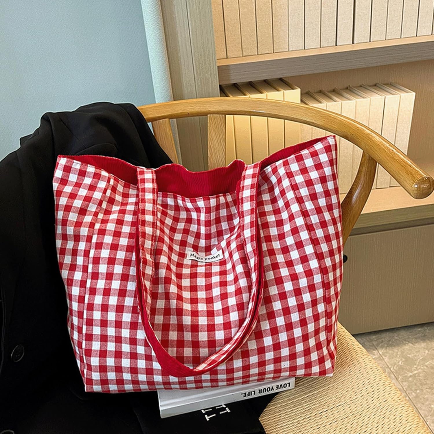 Gingham Tote Bag Large Capacity Women's Plaid Shoulder Bags Lightweight Canvas Gingham Tote Handbag for Travel - Image 2