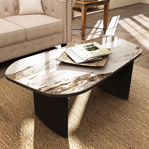 Mesa de centro moderna de cristal, mesa de centro para sala de estar, tapa de vidrio templado con base de madera resistente, mesas de centro Mármol