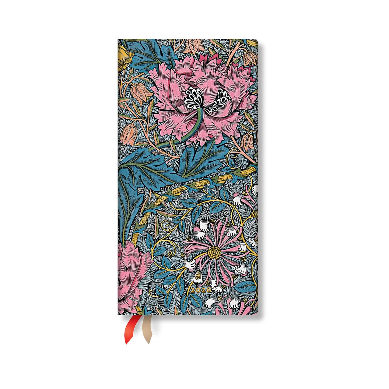 Paperblanks | 2026 Morris Pink Honeysuckle | William Morris | 12-Month Planner | Slim | Horizontal | Elastic Band | 160 Pg | 100 GSM