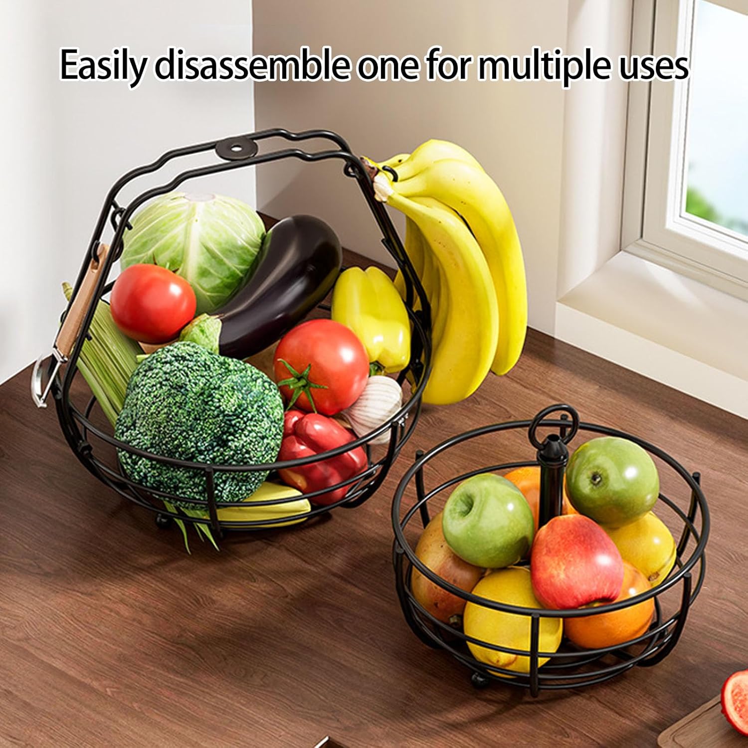 2層キッチン収納バスケット防錆コーティング滑り止めベースハンギングホルダー省スペースオーガナイザー2層フルーツバスケット