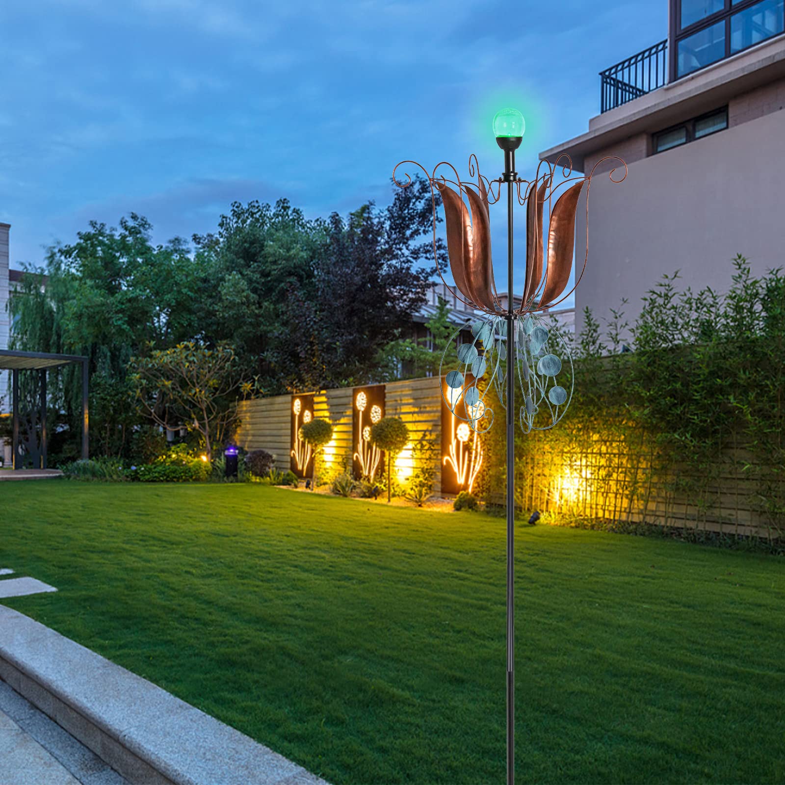 MUMTOP Tulipe à vent d'extérieur en métal - Grande boule de verre à LED à changement de couleur - 200 cm - Sculptures cinétiques - Moulin à vent tulipe pour cour, pelouse, décoration de jardin